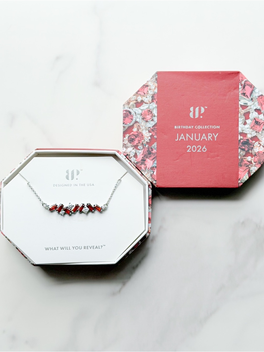 January Birthstone Red Crystal Bar Necklace - Designed in the USA
